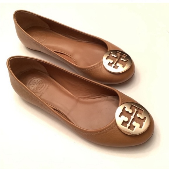 Tory Burch Brown Leather Flats with Gold Emblem - Picture 1 of 4